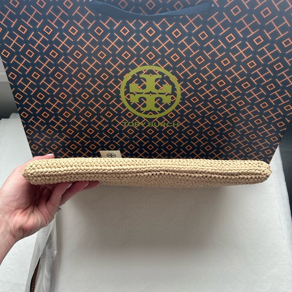 Tory Burch Thea Raffia Pouch Wristlet Bag Coffee Cream - Picture 5 of 11